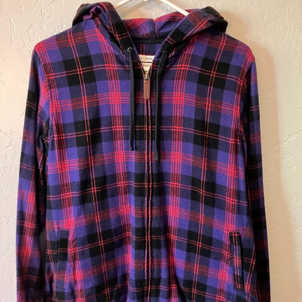 L.L Bean Women's Scotch Plaid Flannel Shirt, Relaxed Zip Hoodie Sz Medium